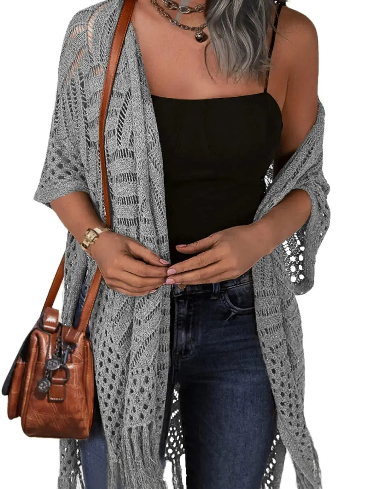 Women's Boho Fringe Crochet Long Cover‑Up