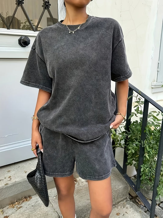 Women's Vintage Washed Short Sleeve Top & Shorts Set for Spring and Summer
