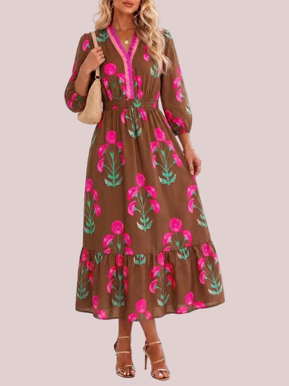 Women's Bohemian Floral Printed Tiered Midi Dress with Elastic Waist