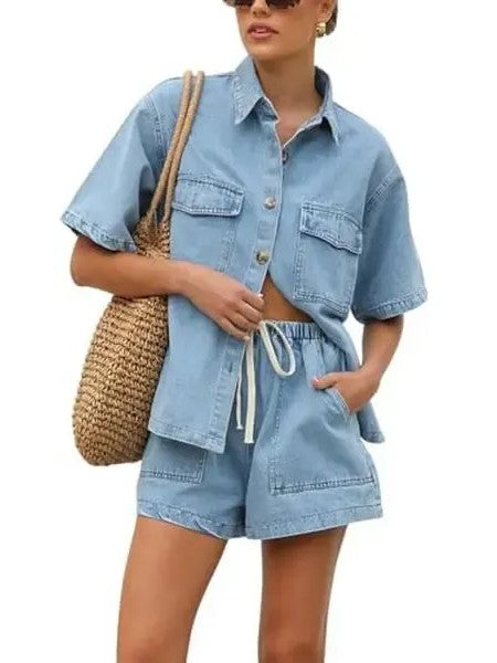 Women's Denim Short Sleeve Top & Shorts Co-ord Set