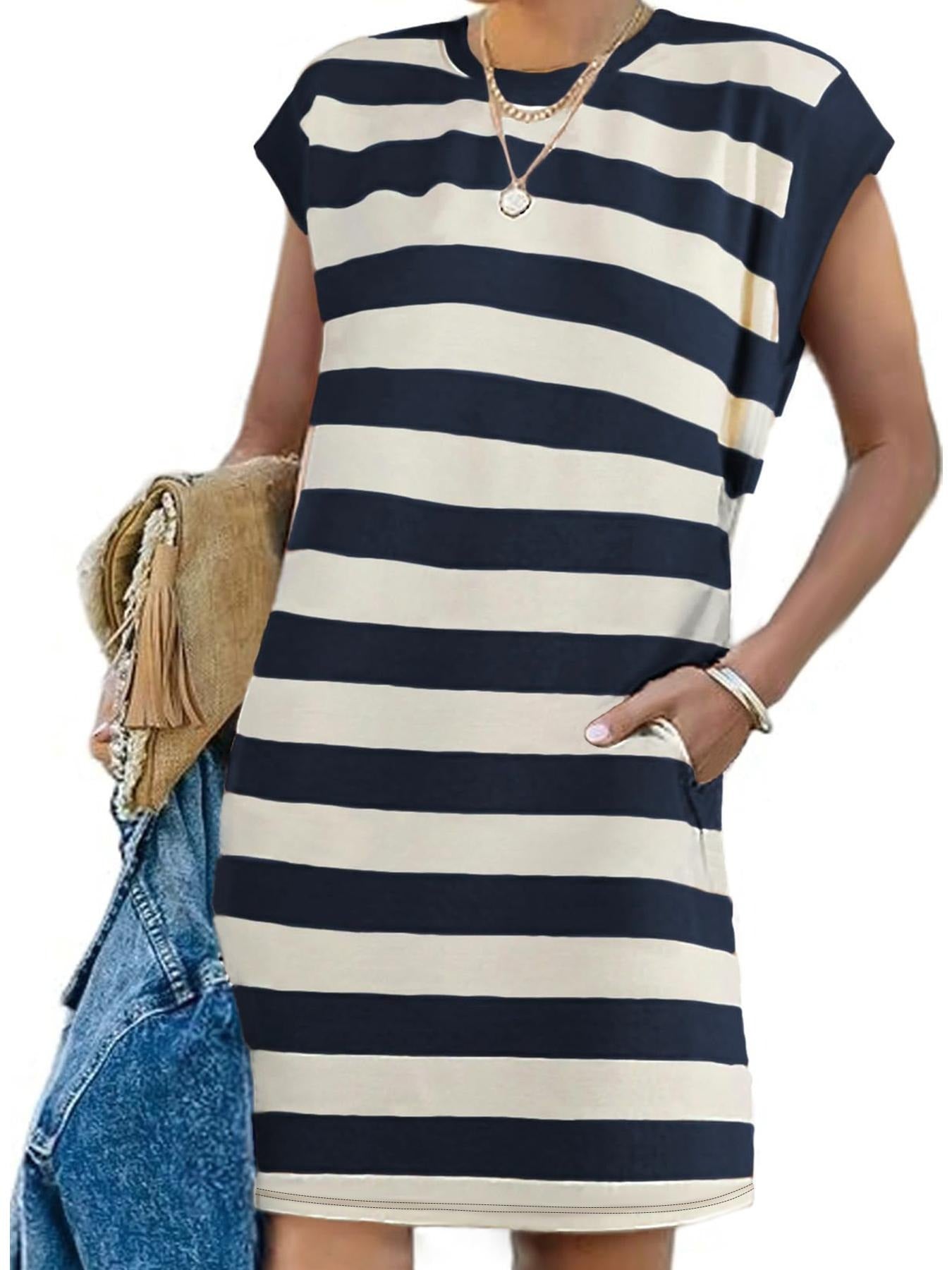 Women's Basic Striped Crew Neck Pocket Dress