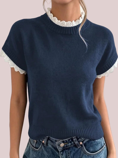 Women's Short Sleeve Lace Trim Mock Neck Knit Top