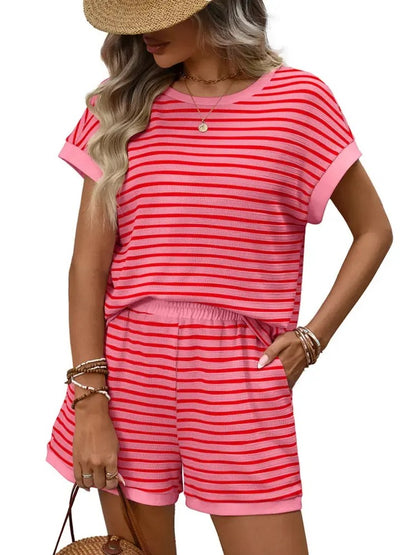 Women's Summer Matching Set Striped Short Sleeve Lounge Set Two Piece Outfit