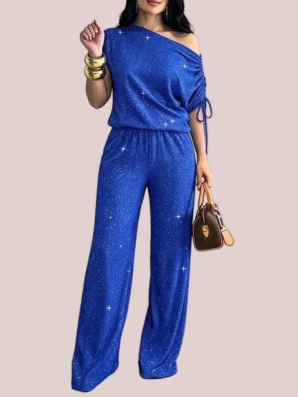 Women's Sparkle Off Shoulder Drawstring Top & Wide Leg Pants Set