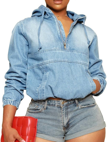 Women's Half Zip Denim Pullover Hoodie With Pockets