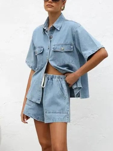 Women's Denim Short Sleeve Top & Shorts Co-ord Set
