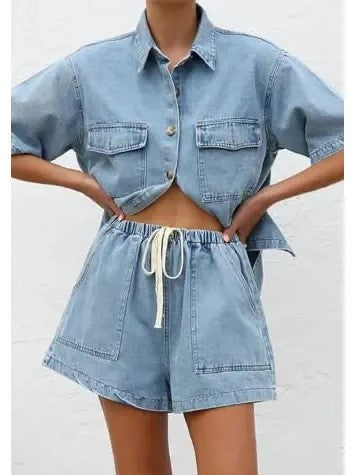 Women's Denim Short Sleeve Top & Shorts Co-ord Set