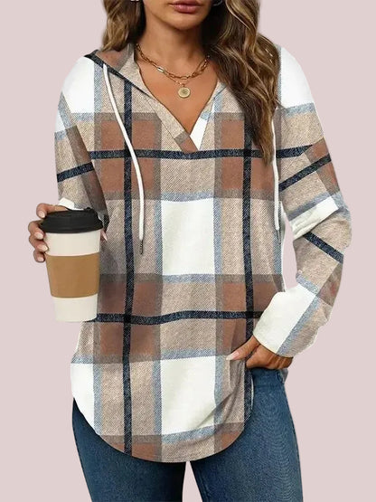 Women's Plaid V-Neck Hoodie Long Sleeve Drawstring Tunic Top