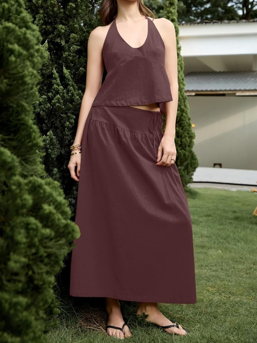 Women's Deep V‑Neck Halter Matching Skirt Set