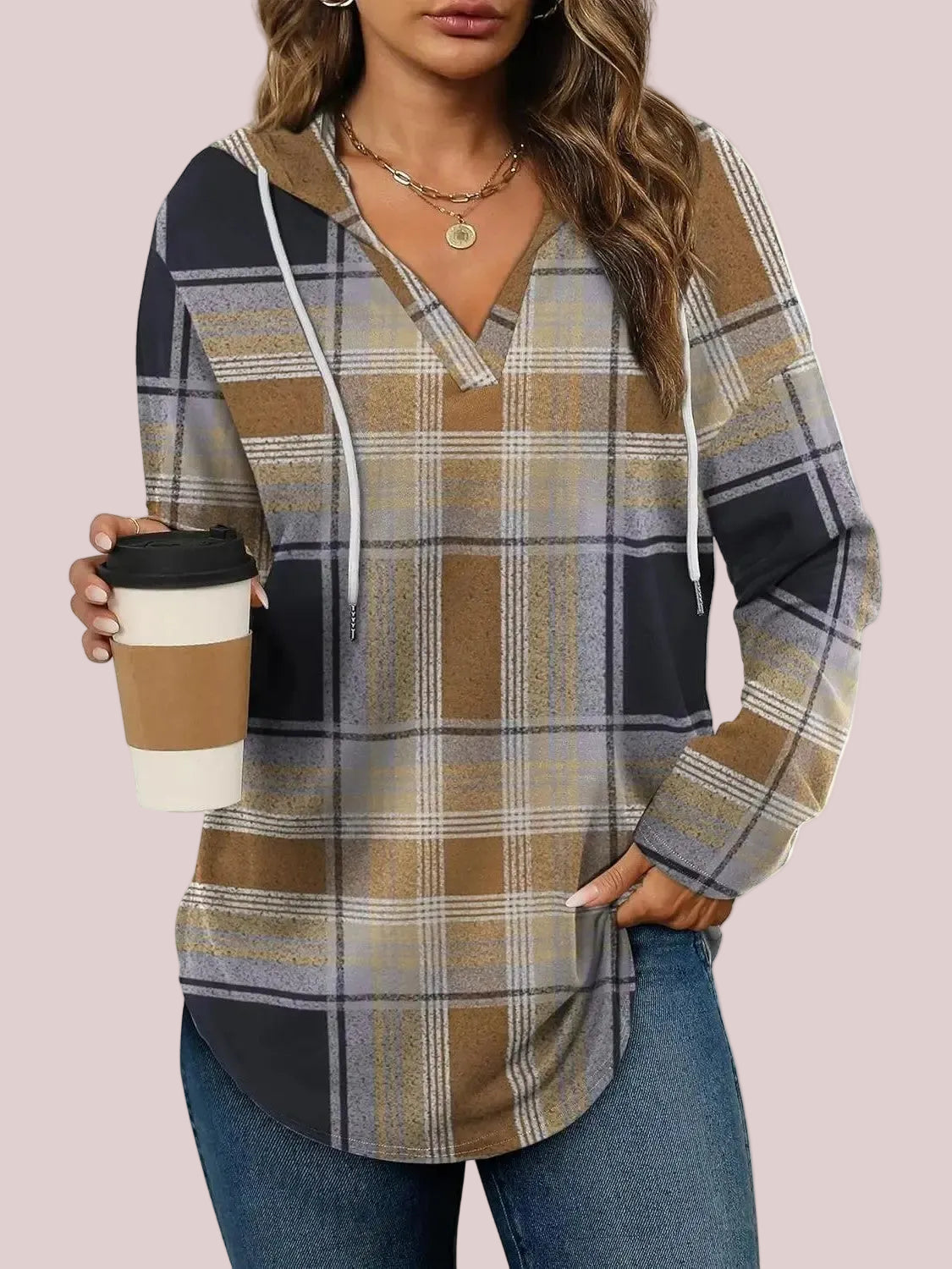 Women's Plaid V-Neck Hoodie Long Sleeve Drawstring Tunic Top