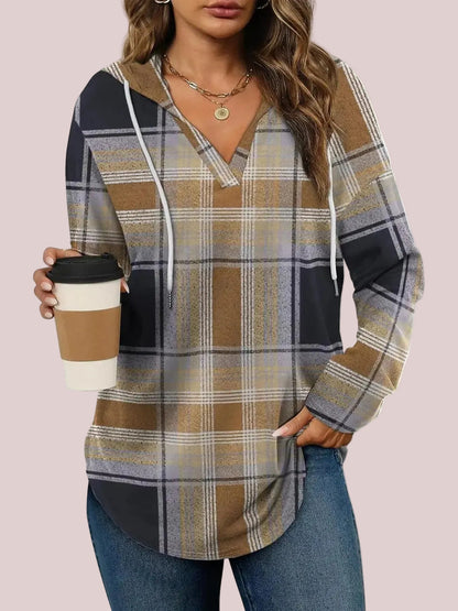 Women's Plaid V-Neck Hoodie Long Sleeve Drawstring Tunic Top