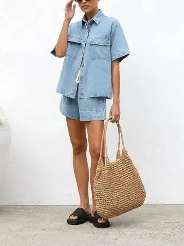 Women's Denim Short Sleeve Top & Shorts Co-ord Set