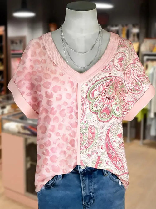 Women's V-Neck Leopard Patchwork T-Shirt
