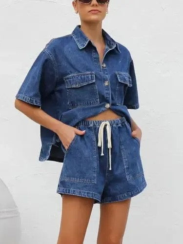 Women's Denim Short Sleeve Top & Shorts Co-ord Set
