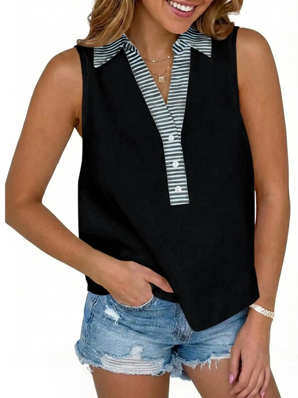 Women's Striped Collar Sleeveless Blouse