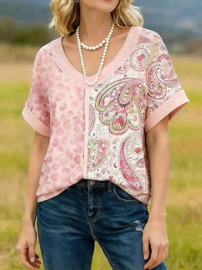 Women's V-Neck Leopard Patchwork T-Shirt