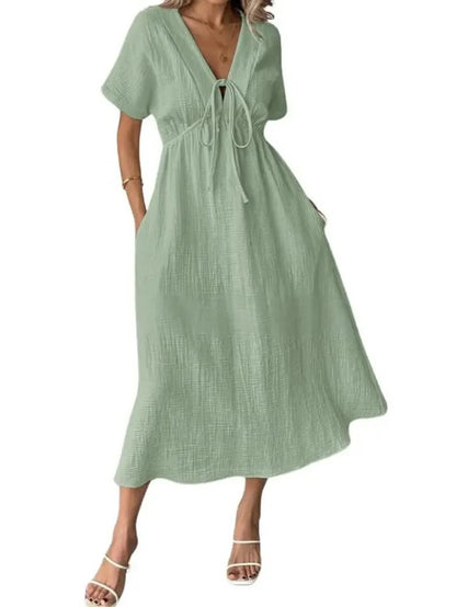 Women's V Neck Tie Front Crinkle Cotton Midi Dress