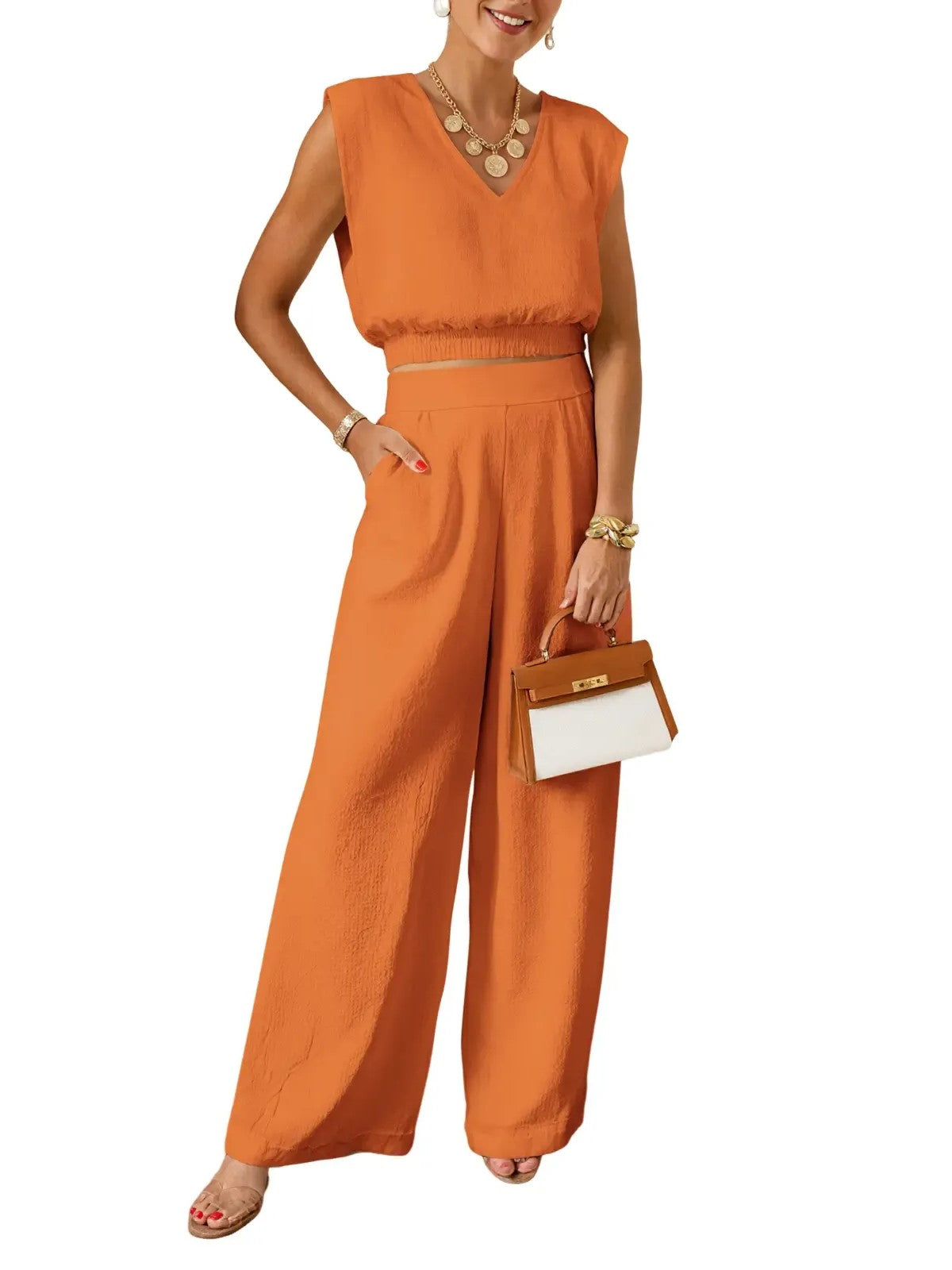 Women's Smocked Waist Sleeveless Top & Wide Leg Pants Set