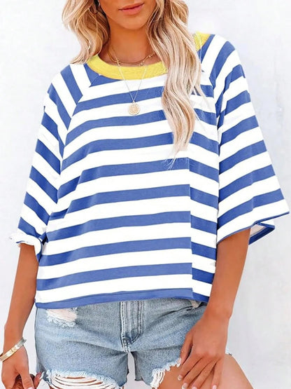 Women's Casual Striped Round Neck Loose Short Sleeve T-Shirt