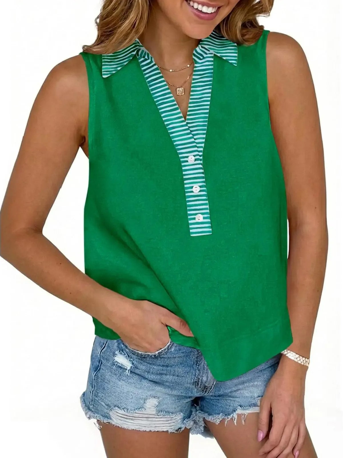 Women's Striped Collar Sleeveless Blouse