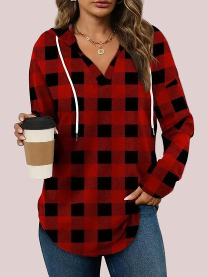 Women's Plaid V-Neck Hoodie Long Sleeve Drawstring Tunic Top