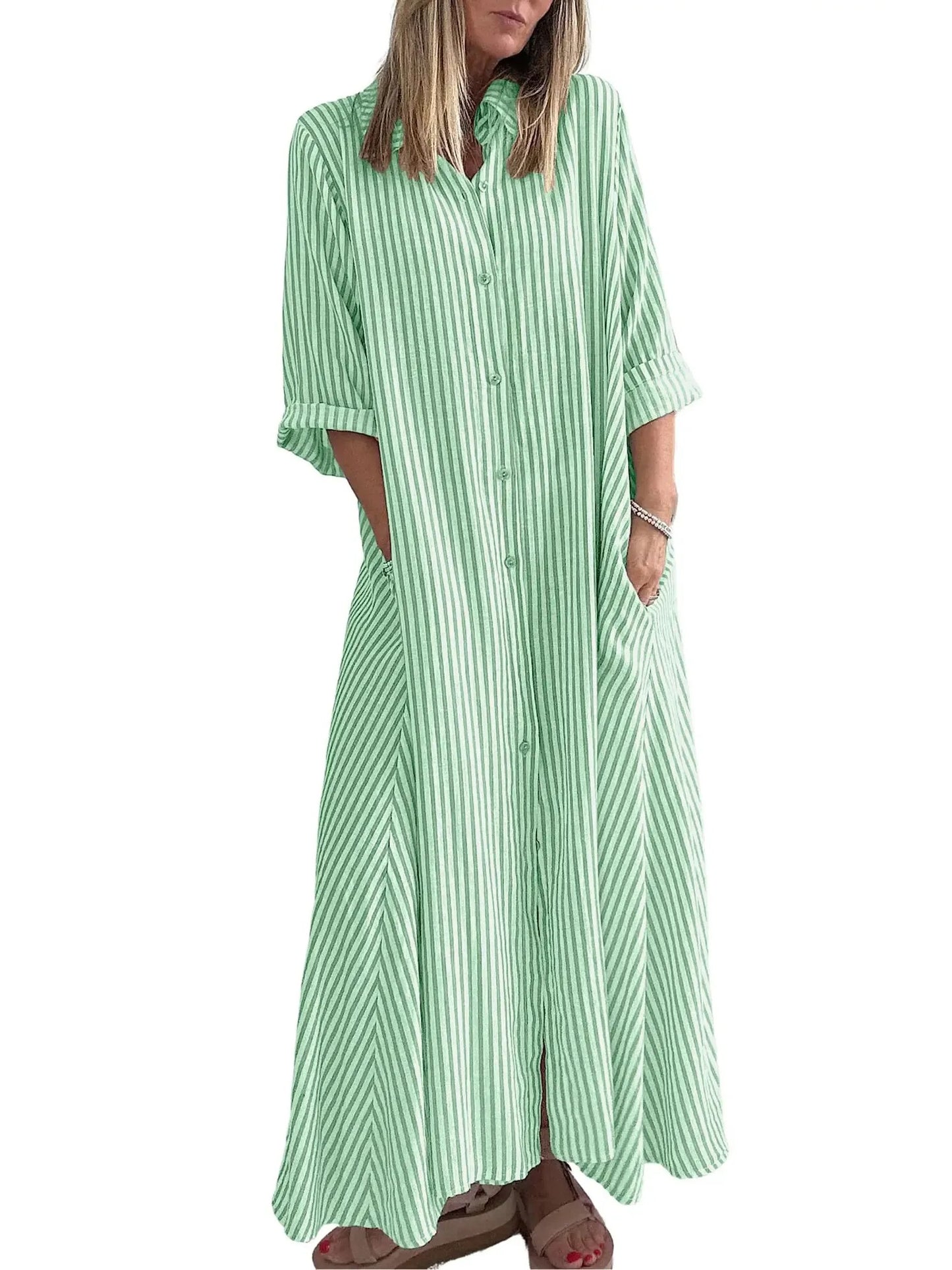 Women's Striped Button Front Shirt Maxi Dress