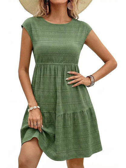 Women's Bohemian Textured Fabric Elastic Waist Mini Dress