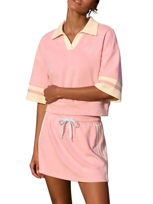 Women's Striped Cuff Cropped Polo Skirt Matching Outfit