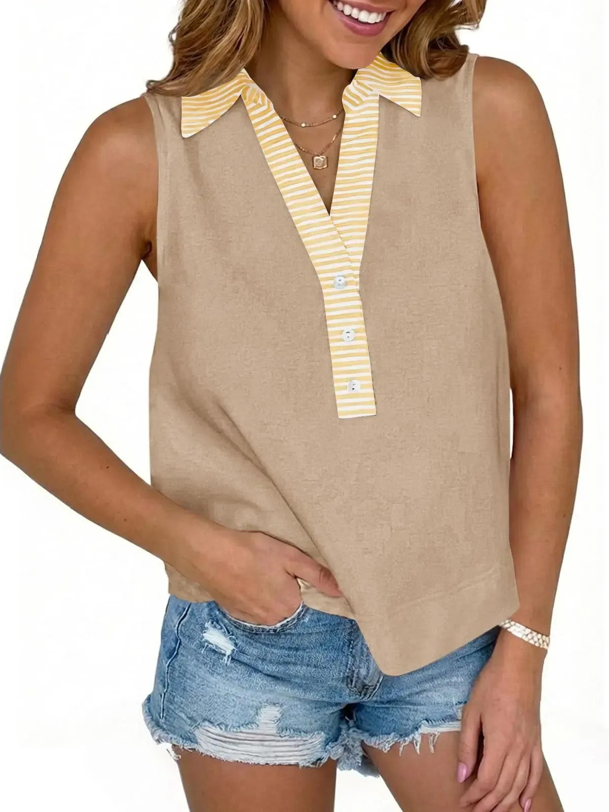 Women's Striped Collar Sleeveless Blouse