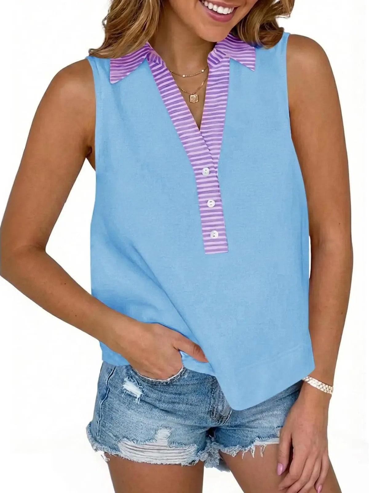 Women's Striped Collar Sleeveless Blouse