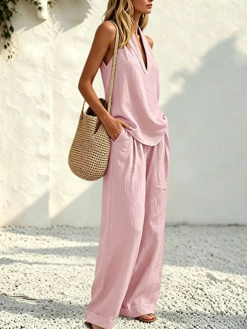 Women's Deep V‑Neck Halter Top & Wide Leg Pants Set