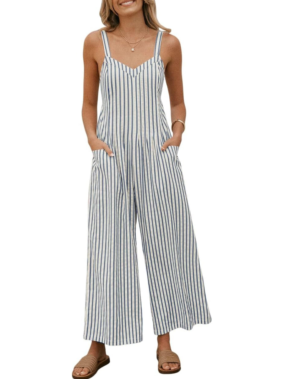 Women's Modern Stripe Open-Back Wide-Leg Jumpsuit