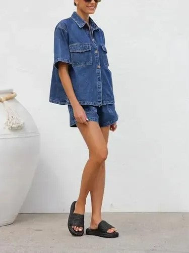 Women's Denim Short Sleeve Top & Shorts Co-ord Set