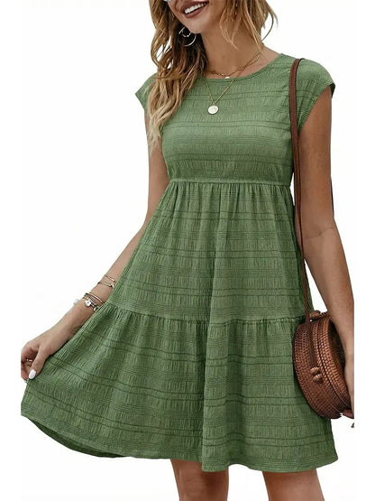 Women's Bohemian Textured Fabric Elastic Waist Mini Dress
