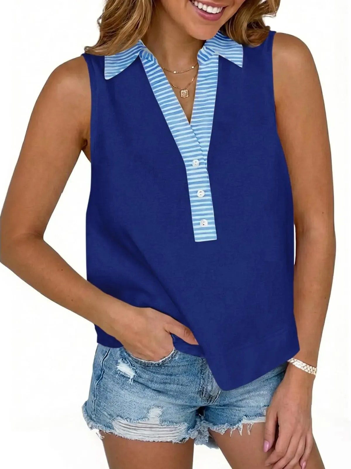 Women's Striped Collar Sleeveless Blouse