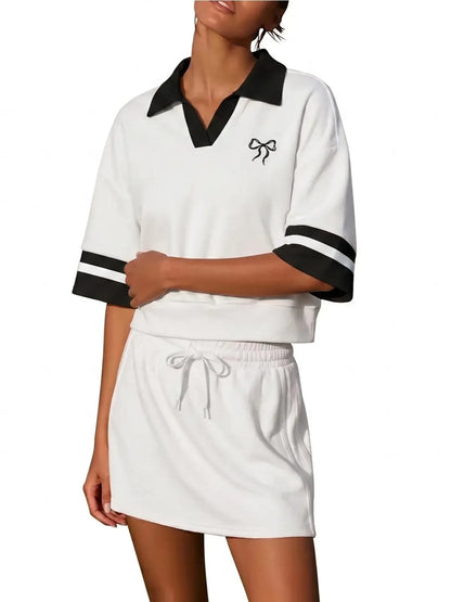 Women's Striped Cuff Cropped Polo Skirt Matching Outfit