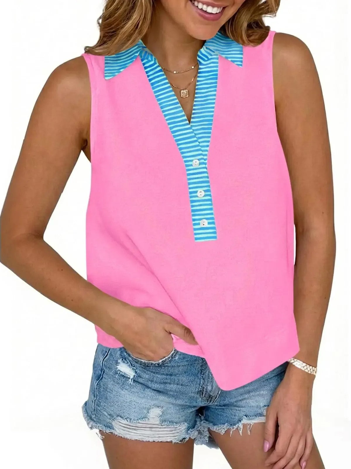 Women's Striped Collar Sleeveless Blouse
