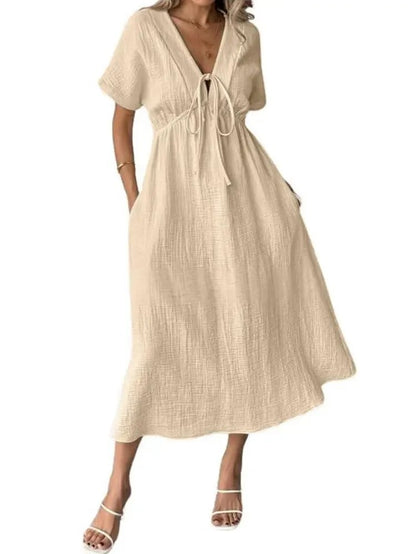 Women's V Neck Tie Front Crinkle Cotton Midi Dress