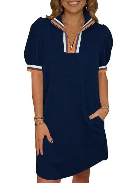 Women's Textured Quilted Puff Sleeve Zip Polo Shift Dress