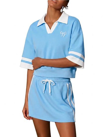 Women's Striped Cuff Cropped Polo Skirt Matching Outfit