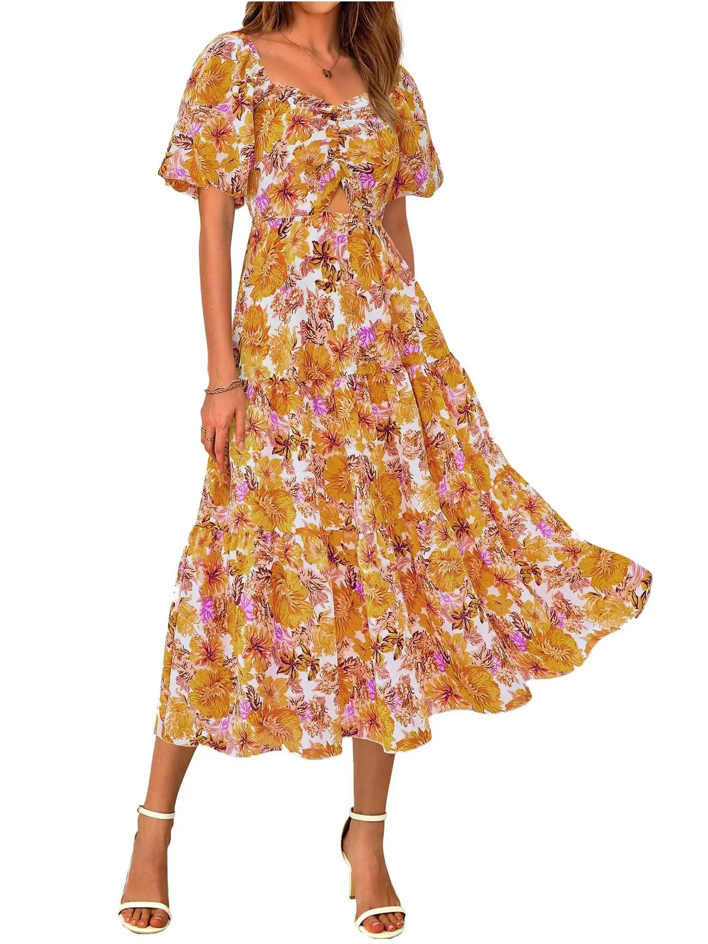 Women Square Neck Puff Sleeve Cutout Front Tiered Floral Midi Dress