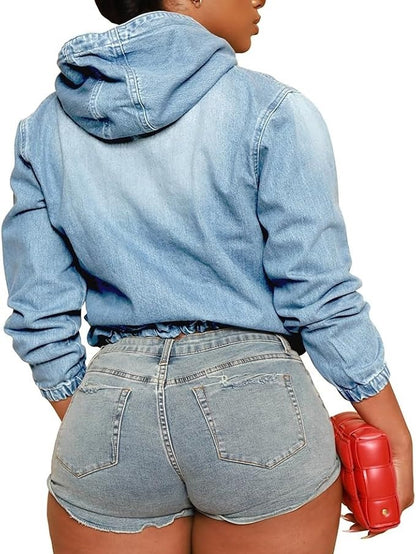 Women's Half Zip Denim Pullover Hoodie With Pockets