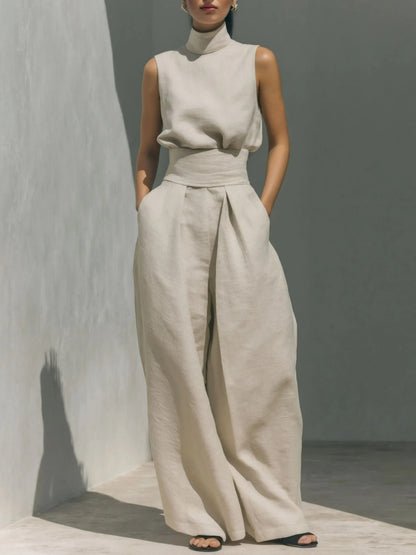 Women Casual Minimalist High Neck Sleeveless Matching Wide Leg Trousers Set