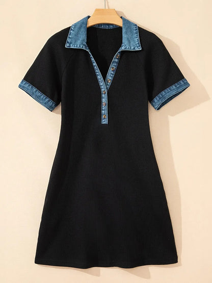 Women's Contrast Denim Trim Polo Dress