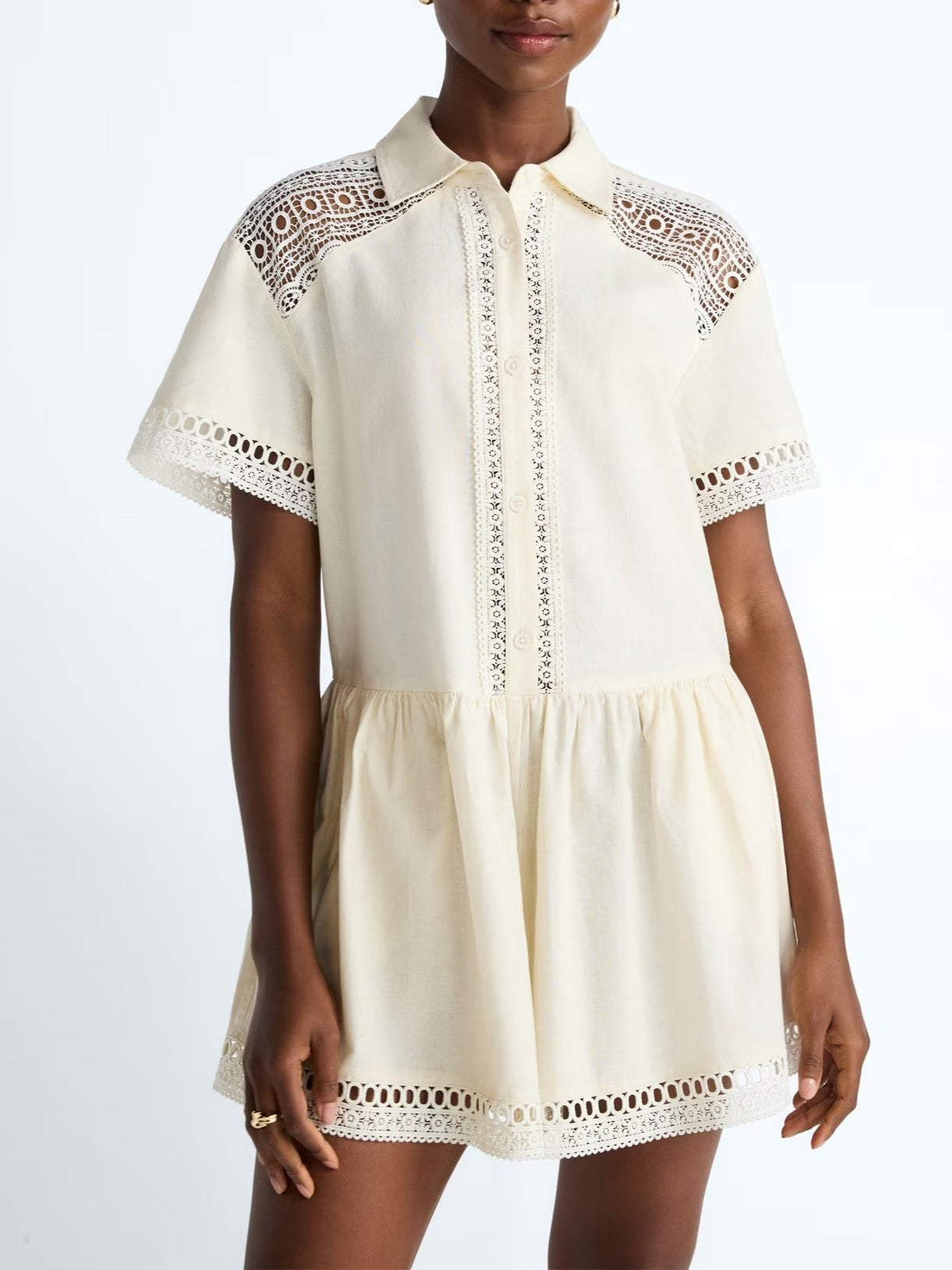 Women's Lace Panel Shirt Collar Romper