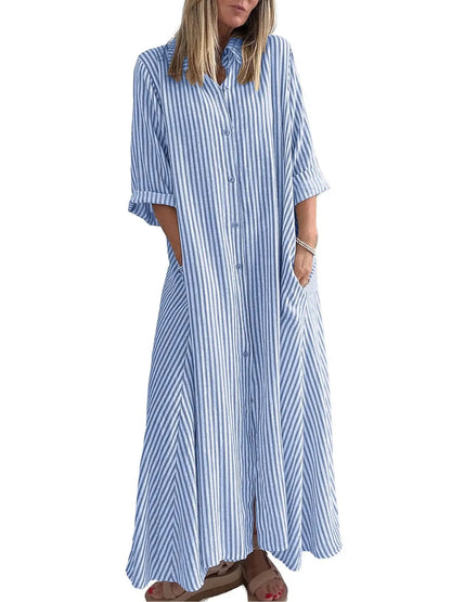 Women's Striped Button Front Shirt Maxi Dress