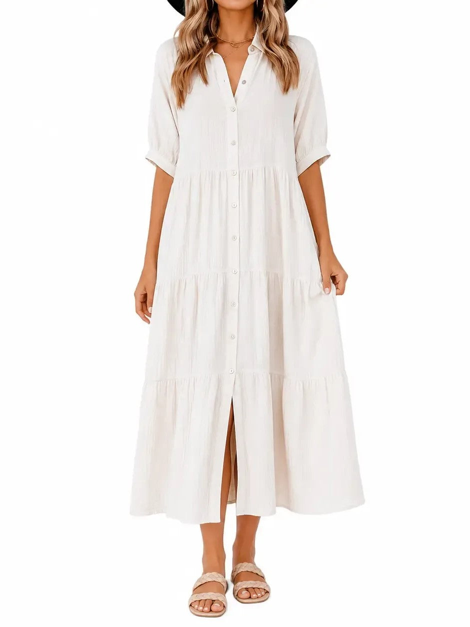 Women's Puff Sleeve Button Front Long Shirt Dress