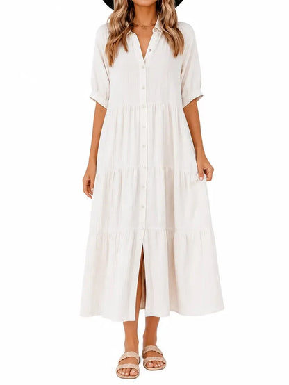 Women's Puff Sleeve Button Front Long Shirt Dress