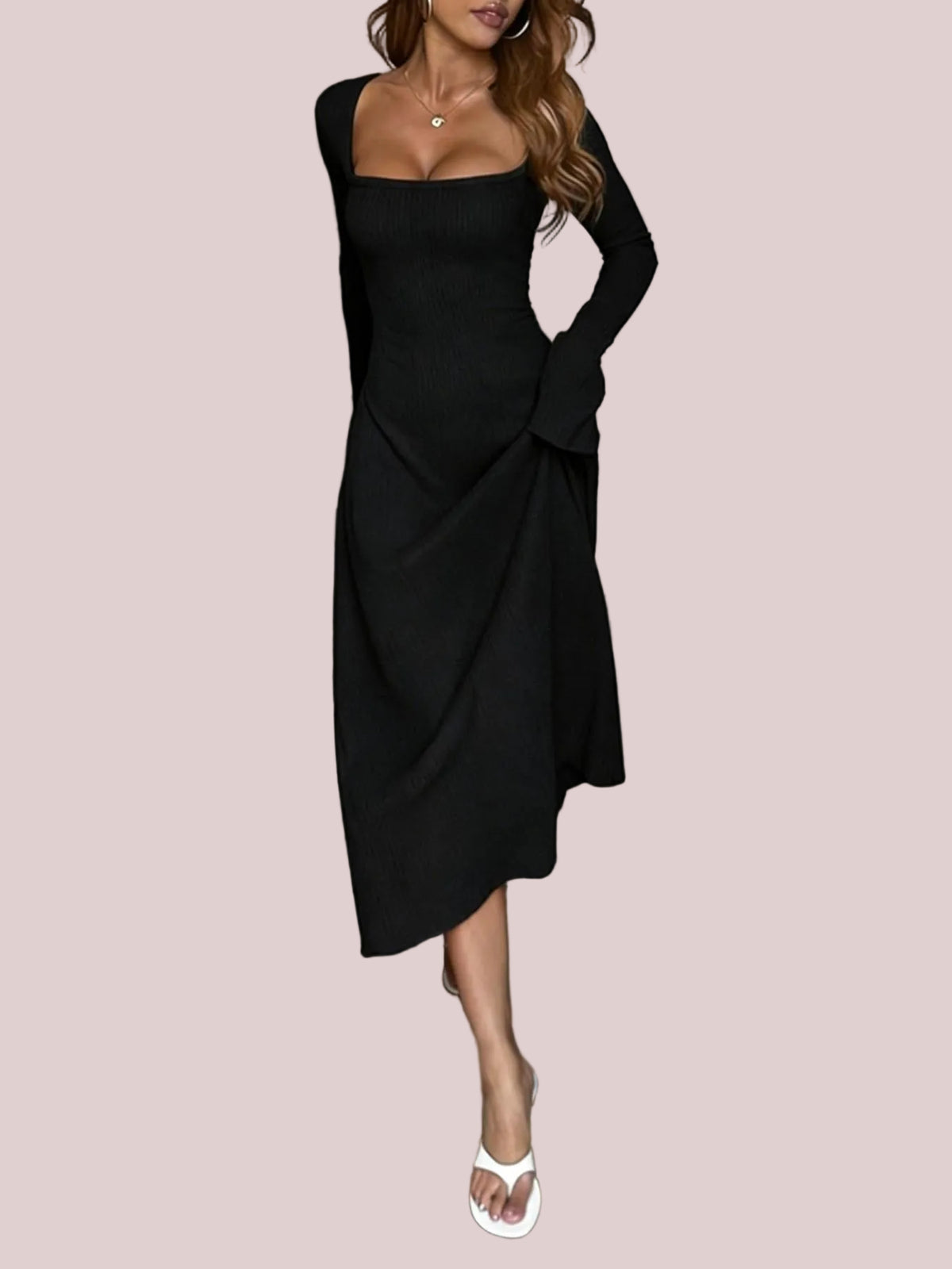 Women's Elegant A Line Square Neck Midi Dress