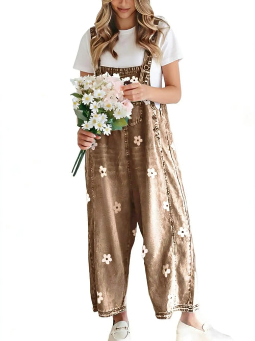 Women's Floral Printed Adjustable Strap Denim Bib Overall